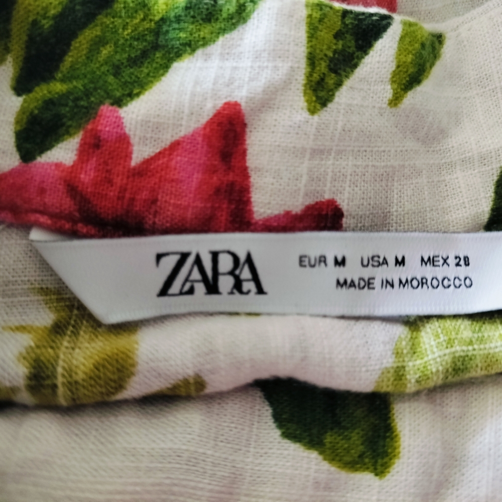 Zara Linen Blend Tropical Floral Blouse Green/Pink Size M Hawaiian - Picture 7 of 7